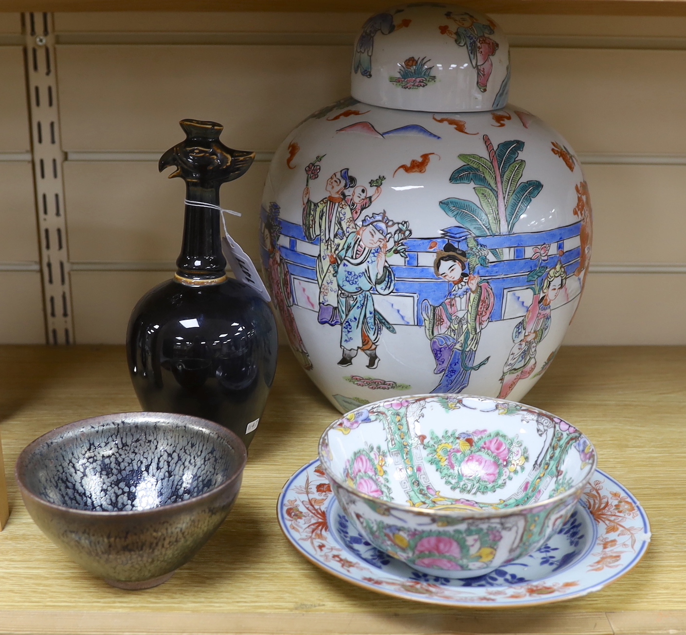 A group of Chinese ceramics, a Phoenix based ewer, oil spot glazed bowl, jar and cover, bowl and a Chinese Imari plate, jar and cover 32cm high